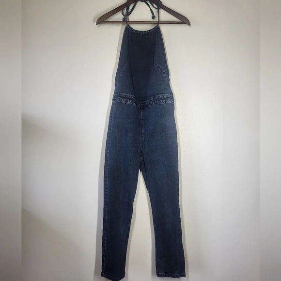 Free People Denim Halterneck Jumpsuit Jumper Overalls Bohemian Boho Jeans - Picture 14 of 16